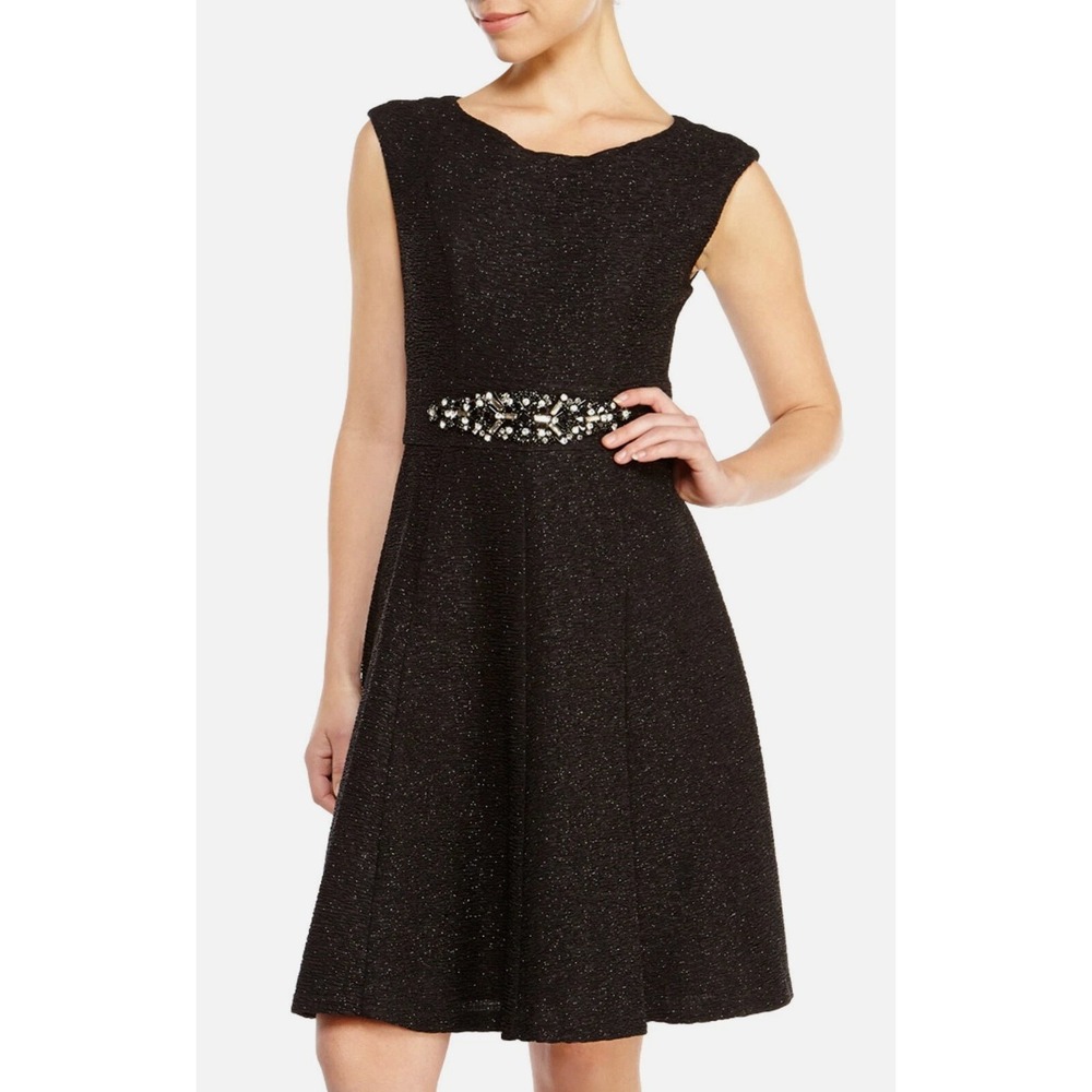 Eliza J Fit and Flare Dress Size 2 Black Embellished Shimmer Wedding Cocktail